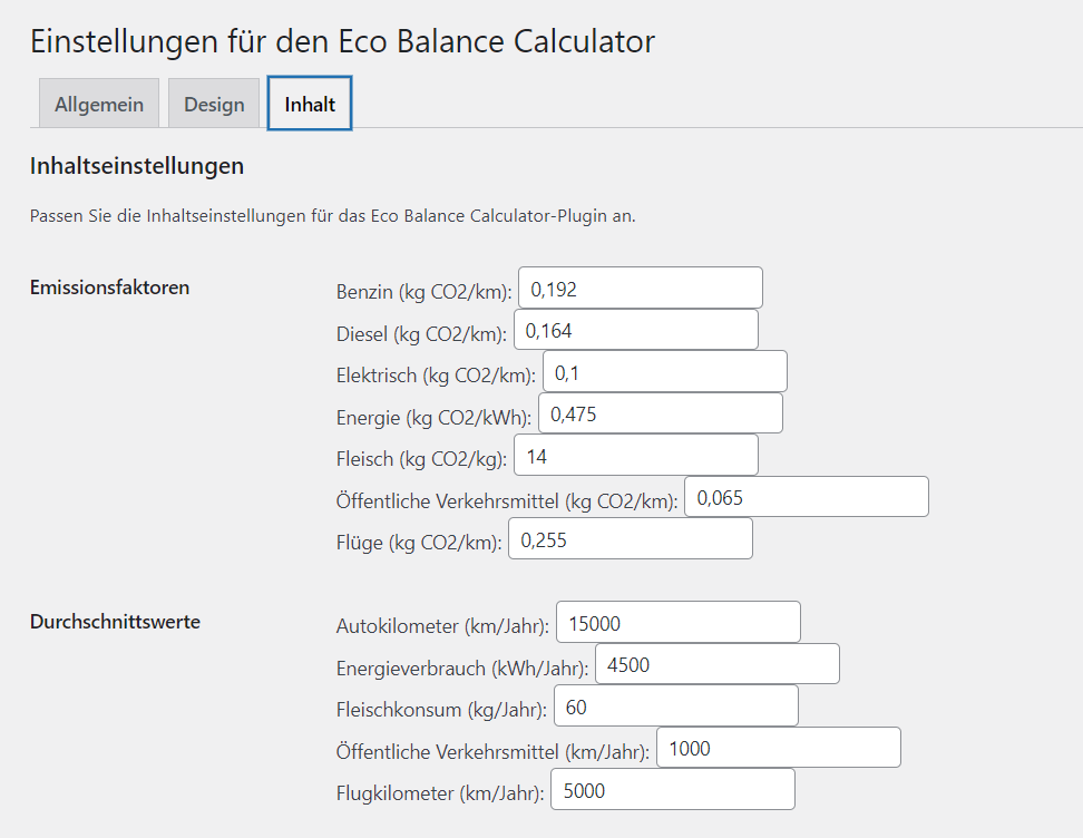 Eco Balance Calculator faktoren einstellung